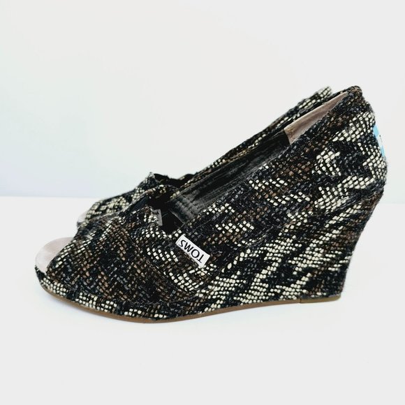 Toms Stella Tweed Peep Toe Wedges 6 Black Brown Cream Slip On Boucle Houndstooth - Picture 7 of 13